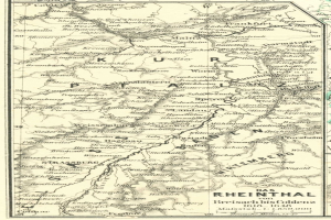 Alte detaillierte Karte des Rheins in Deutschland mit Text oben und unten, die Flüsse, Städte und geografische Merkmale zeigt.
