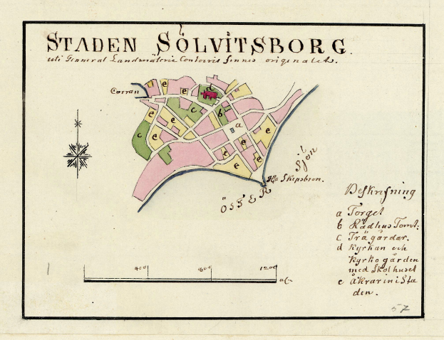 Detailierte Papierkarte der Stadt Solvitsborg, Schweden, mit Straßen, Gebäuden und Sehenswürdigkeiten mit handgeschriebenem Text.