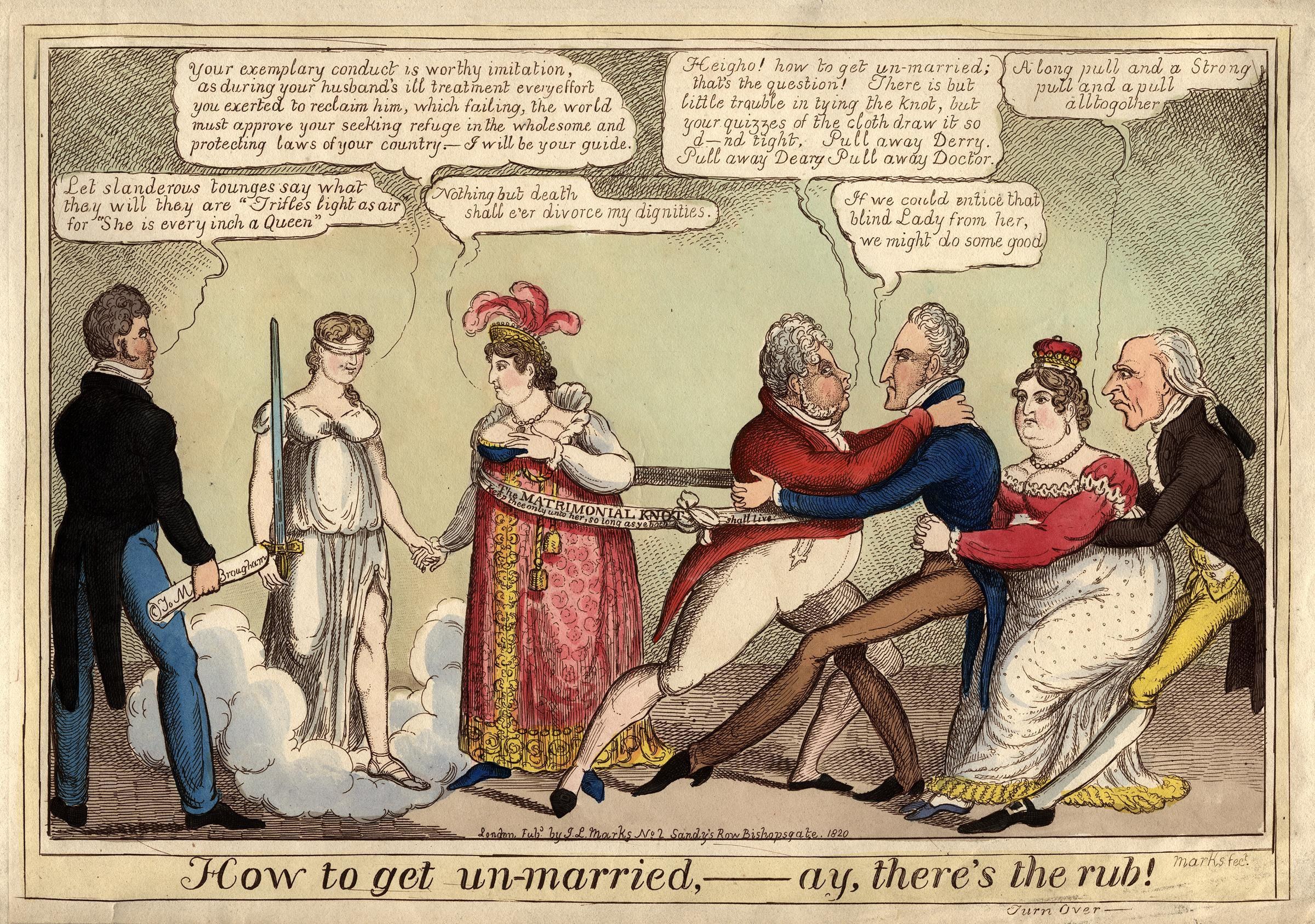 Cartoon of a man and woman in wedding attire with the text 'How to get un-married, there's the rub' above them, standing side by side.
