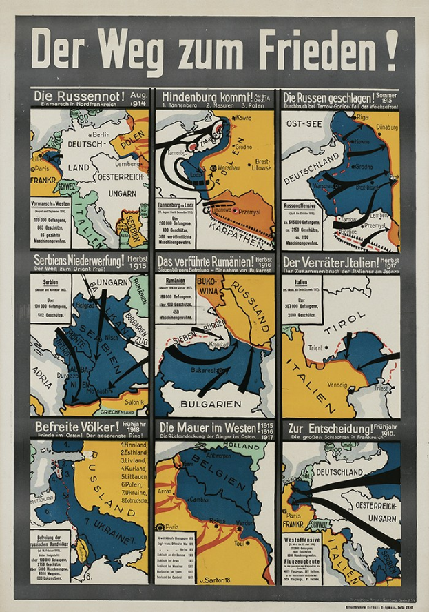 Poster titled "Der Weg zum Frieden" featuring a colorful map of Germany with symbols and bold text.