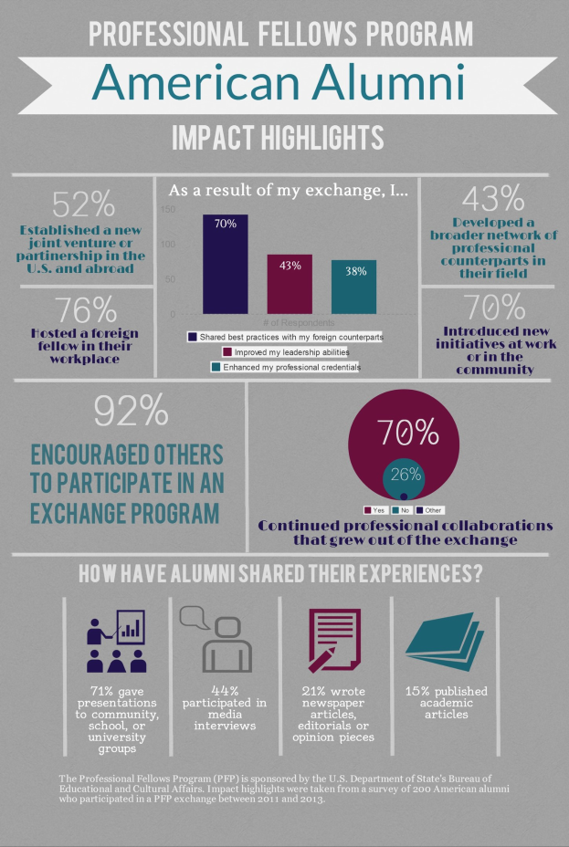 Infografischer Plakat mit farbigen Abschnitten und Prozentangaben, die den Einfluss von professionellen Stipendienprogrammen auf amerikanische Alumni darlegen.