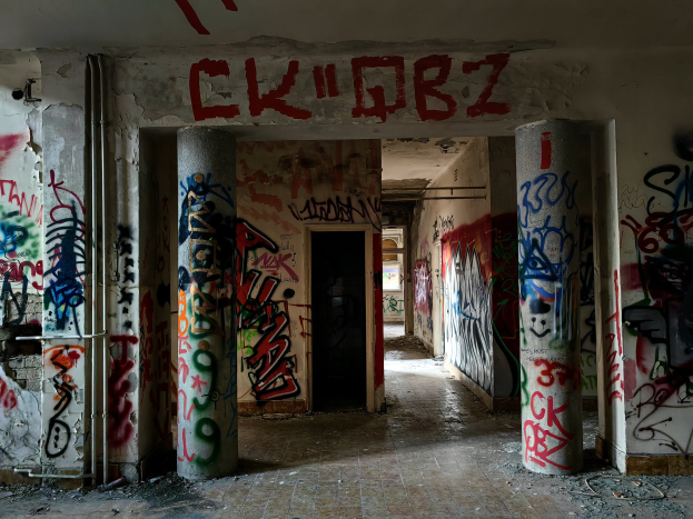 Abandoned building with graffiti-covered walls, visible floor, exposed pipes, and a door in the background, illustrating urban decay.