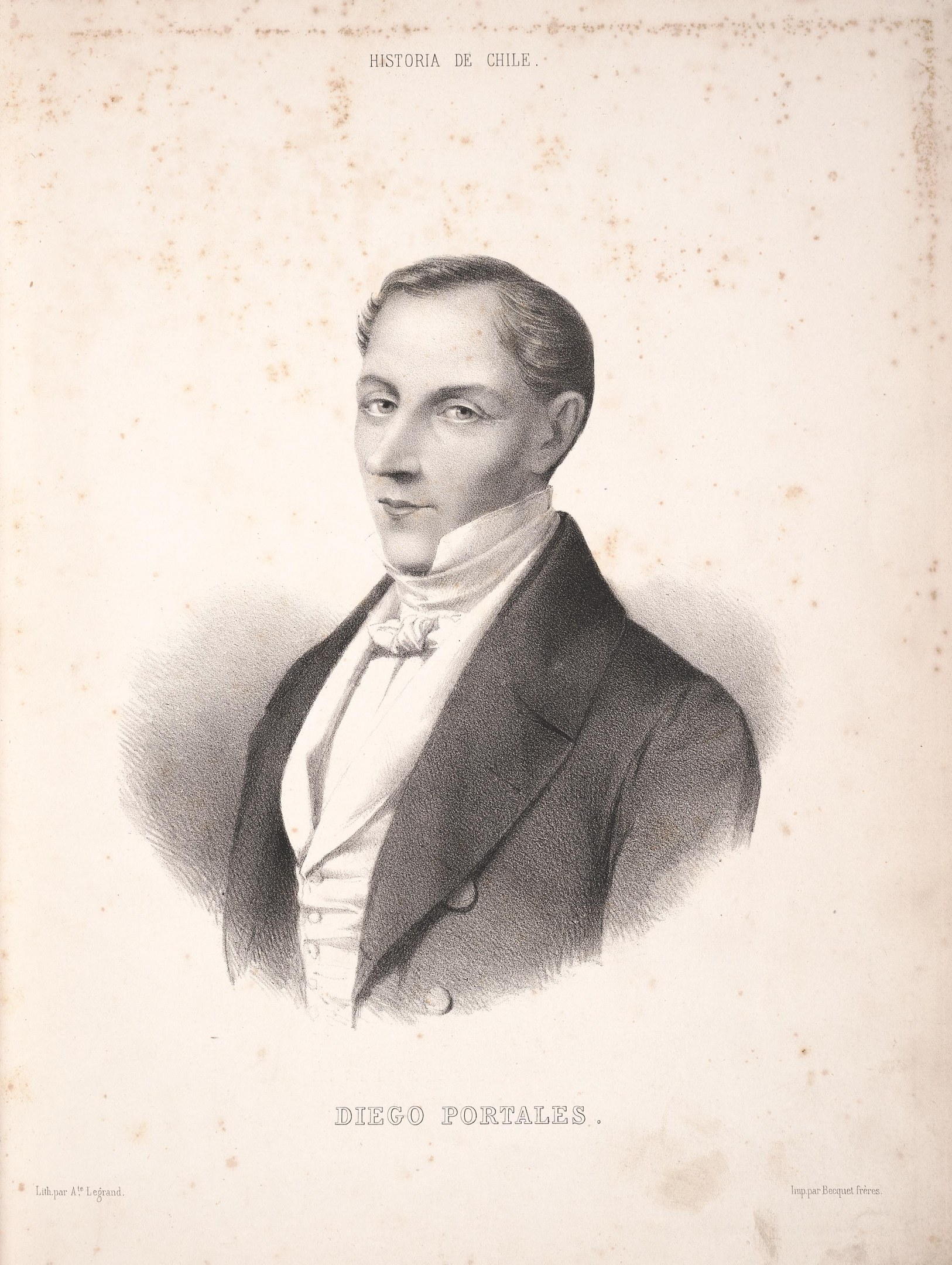 Schwarz-weiß-Zeichnung von Diego Portales, ein Mann im Anzug, mit Text auf seinem Papier, der sich auf seine Rolle in der mexikanischen Revolution bezieht.