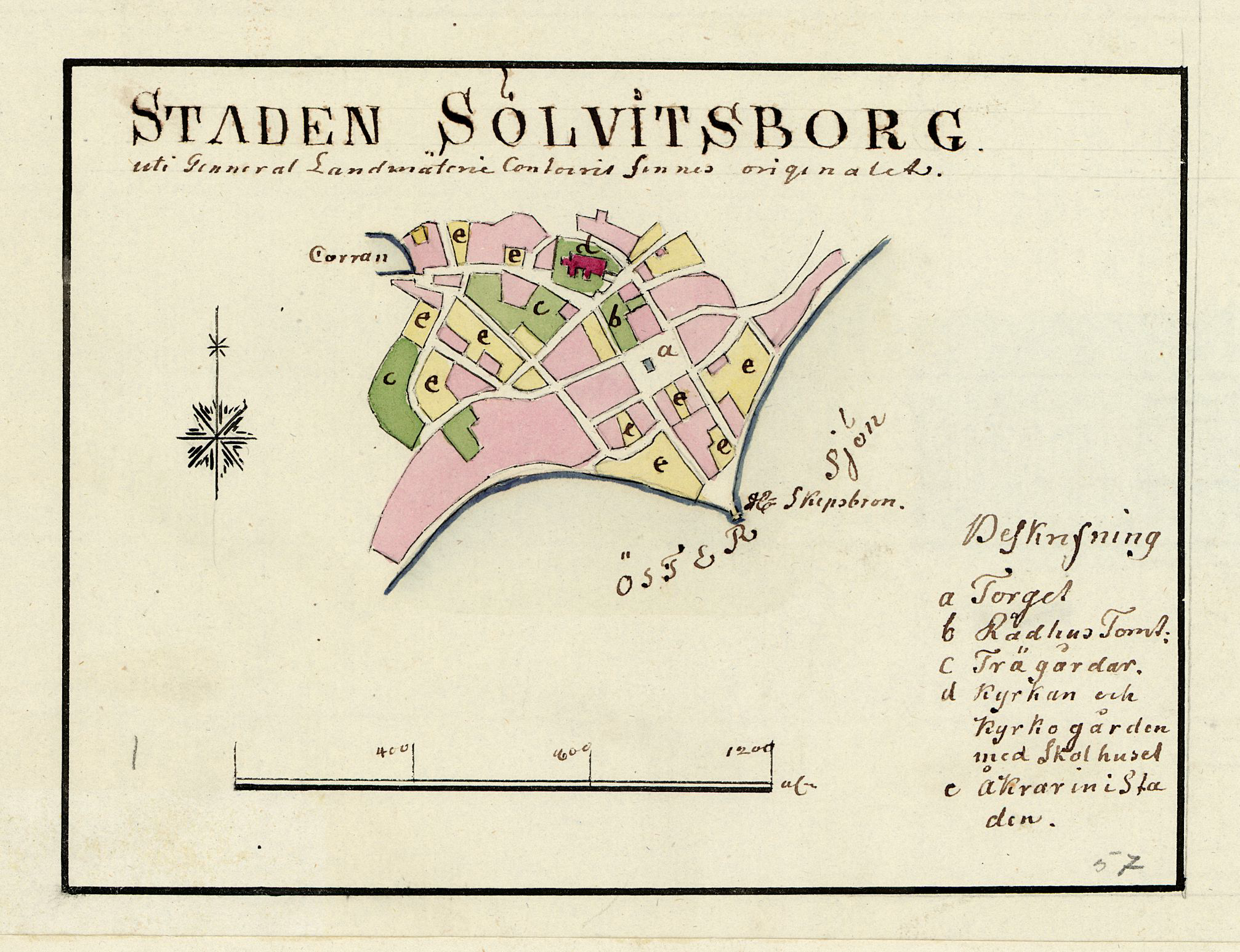Ein detaillierter Stadtplan von Staden Solvitsborg, Schweden, der Straßen, Gebäude und Sehenswürdigkeiten zeigt, mit darauf geschriebenem Text.