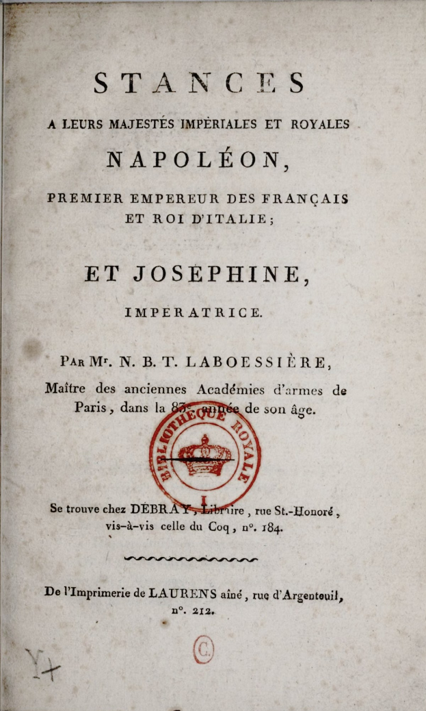 Old book with a red stamp, featuring text in French including "Napoleon, premier empereur des français et roi d'italie et josephine, imperatrice".