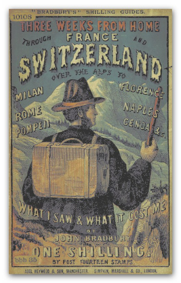 Ein Plakat einer Person mit Hut und Koffer, betitelt "Drei Wochen von zu Hause durch Frankreich und die Schweiz", mit entschlossener Miene.