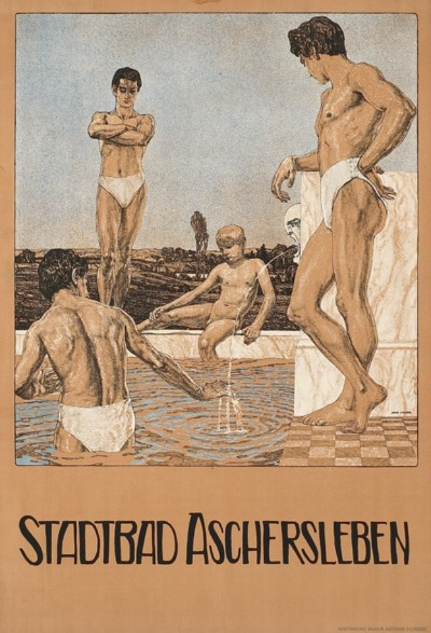 Poster advertising a swimming pool in Aschersleben, Germany, showing people in the water and text about the pool's amenities.
