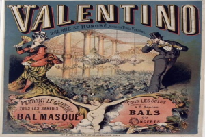 Ein Plakat, das eine Valentinstagsparty in Paris ankündigt, zeigt einen Mann mit Zylinder und eine Frau in einem langen Kleid nebeneinanderstehend, mit Text zur Beschreibung des Events.