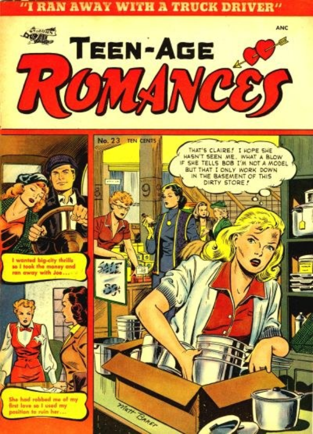 Ein farbenfroher DC-Comics-Plakat titled 'Teen-Age Romances 23-A', das eine Gruppe von Menschen in einer fröhlichen, romantischen Umarmung zeigt, mit großen Buchstaben und leuchtenden Farben.