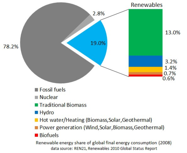 Tortendiagramm, das den globalen erneuerbaren Energieverbrauch im Jahr 2008 zeigt, aufgeschlüsselt nach Quellen wie fossile Brennstoffe, Kernenergie, Wasserkraft, Warmwasser, Heizung, Biomassen, Solarenergie, Geothermie und Biokraftstoffe.