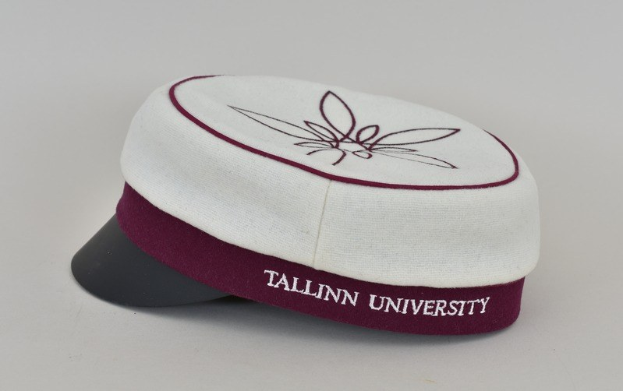 White and maroon cap with "Tallinn University" text against a white background.
