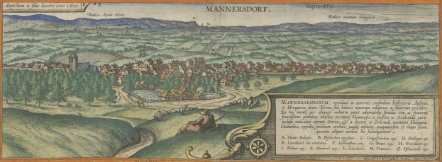 Old decorative map of Mannersdorf, Germany, showing green trees, scattered houses, rolling hills, and people walking amid ornate text.