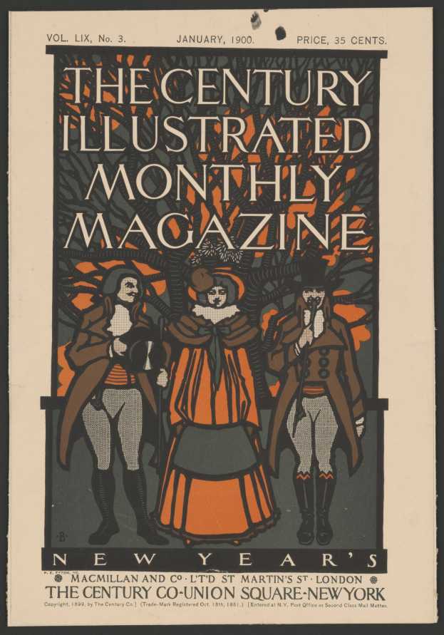 Schwarzer Plakat für 'The Century Illustrated Monthly Magazine, Januar 1900' mit Personen in historischer Kleidung und dekorativem Rand.