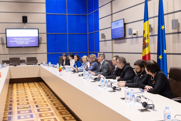 Eine Gruppe von Menschen sitzt um einen langen Tisch in einem Konferenzraum mit Flaschen, Gl├Ąsern, Mikrofonen, Papieren und Flaggen, die an einer Sitzung des Europ├Ąischen Parlaments teilnehmen.