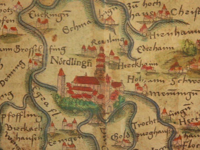 Detailed map of Nordlingen, Germany, highlighting buildings, trees, and surrounding towns with additional text information.
