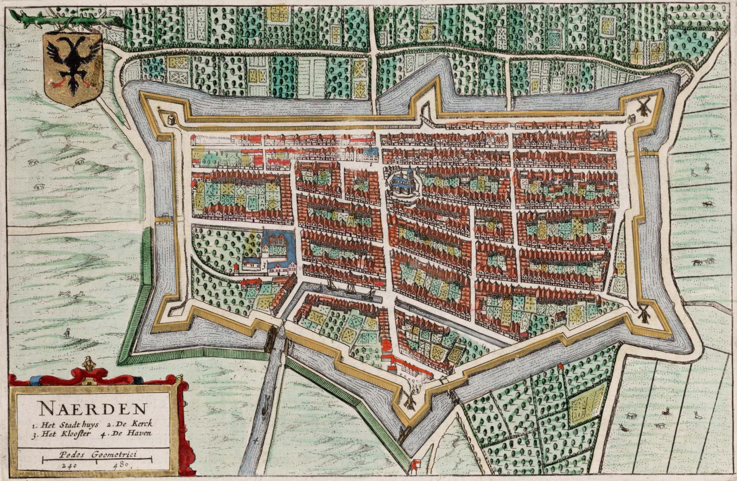 Detailed map poster of Naarden, Netherlands, showing streets, buildings, and landmarks with accompanying text and a logo.