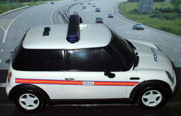 Weißer Polizeiwagen mit "Polizei" Aufschrift vor einer Reihe von fahrenden Fahrzeugen auf einer Straße, die von Gras und Bäumen gesäumt ist.