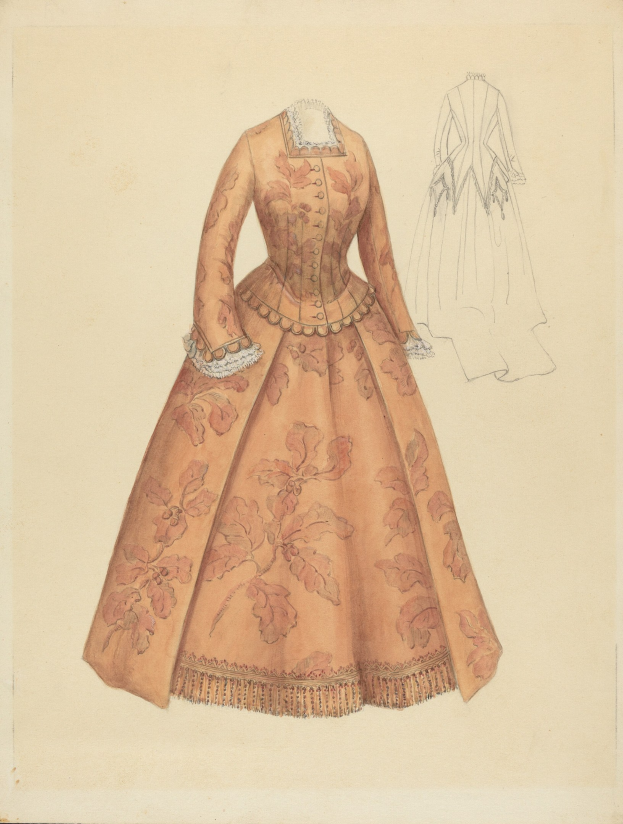 Ausführliches 18. Jahrhundert Kostümdesign-Drawing einer bodenlangen Robe mit hohem Kragen, floral gemustertem Oberteil in Rosa, Lila und Blau und einer Spitzenbesetzten Röcke.