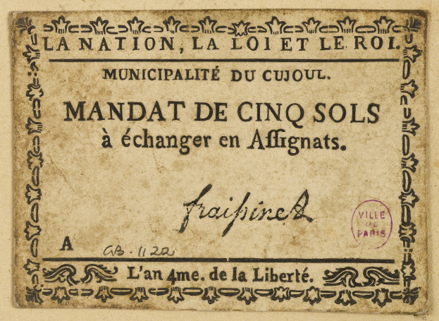Old French banknote with a stamp, text reads "Mandat de cinq sols à échanger en affignats".