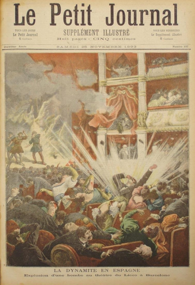 Old book titled "Le Petit Journal" with a yellow-bordered cover depicting a distressed crowd of people.
