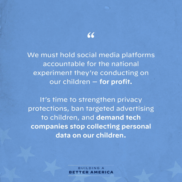 Poster with a quote from Building a Better America stating, "We must hold social media platforms accountable for the national experiment they're conducting on our children - for profit," decorated with stars.