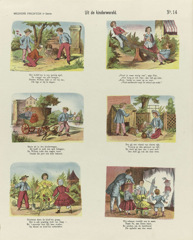 Ein aufgeschlagenes Buch mit Illustrationen von Kindern, die im Park spielen, umgeben von Bäumen, Gebäuden und einem Wagen, zusammen mit Text.