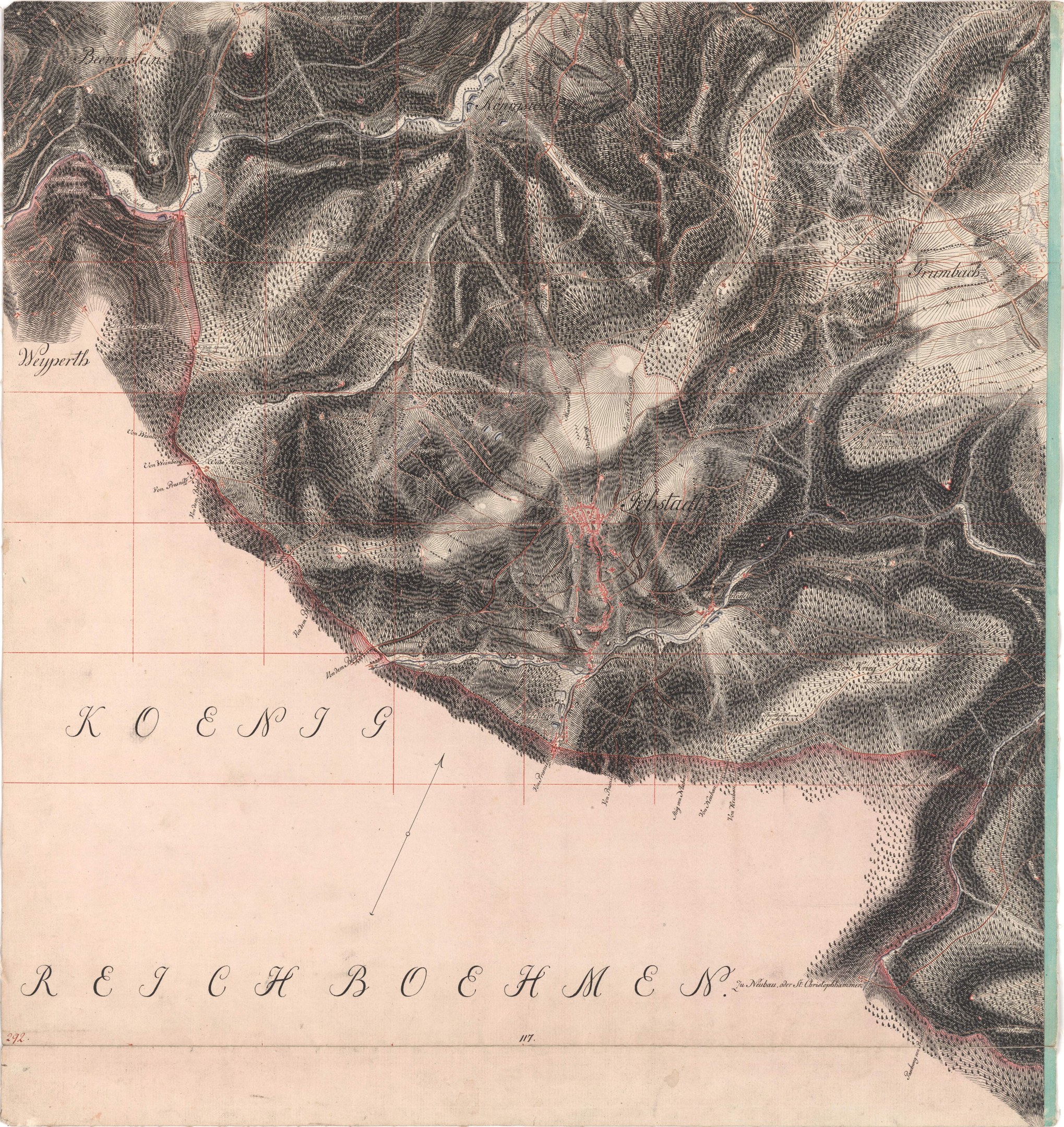 Old topographic map of Reischboehmen, Germany, showing terrain elevations, contours, and textual details like population and elevation.