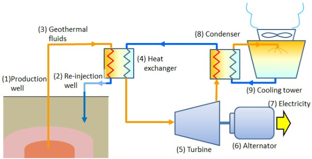 Diagramm eines geothermischen Kraftwerks, das den Prozess der geothermischen Energie mit beschrifteten Komponenten auf einem weißen Hintergrund zeigt.