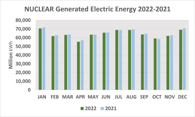 Liniengraph, der die nuclear-generierte Stromerzeugung von 2021 bis 2022 zeigt, mit begleitendem erklärendem Text.