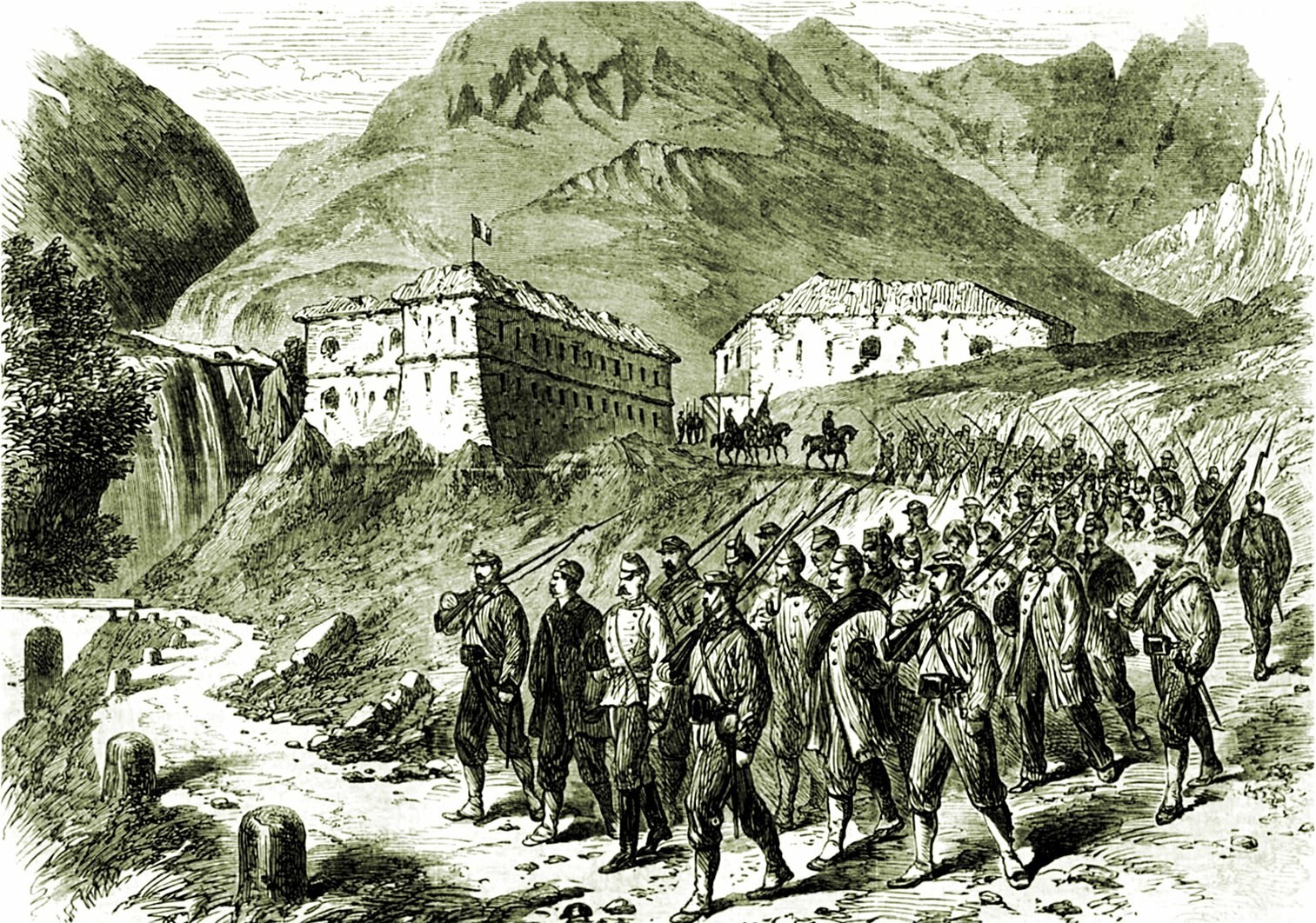 Schwarz-weiß-Foto von Menschen, die auf einem Schotterweg vor einem Wasserfall gehen, mit Hügeln, Gebäuden, Bäumen und Himmel im Hintergrund und Text unten, der "Französische Truppen betreten die Schweizer Alpen" lautet.