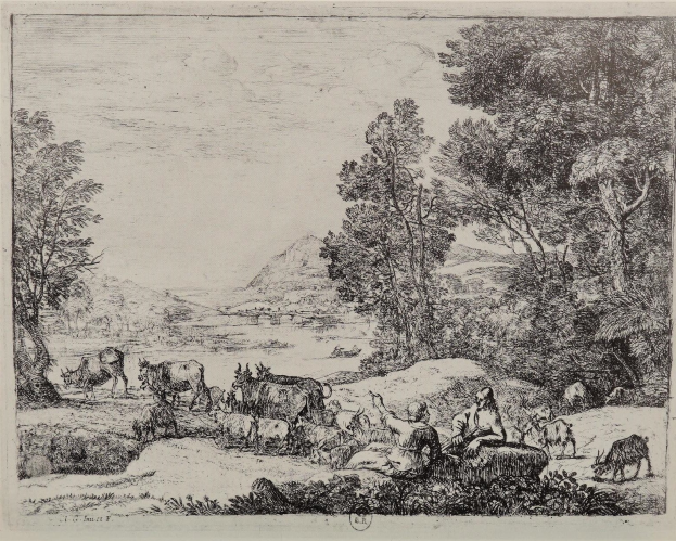 A wooded landscape with a herd of cattle grazing in the foreground, surrounded by trees and hills in the background, and text at the bottom.