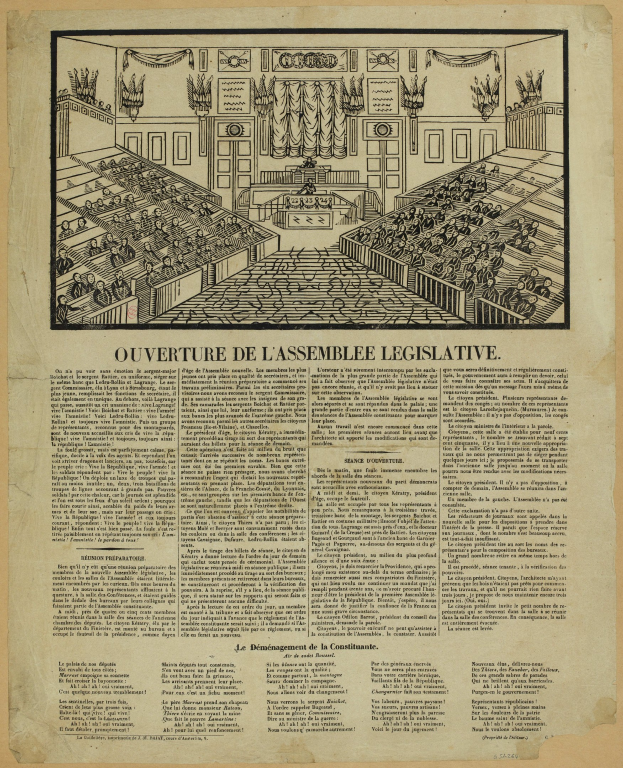 Schwarz-weiß-Illustration eines mit sitzenden Personen gefüllten Gesetzgebungsraum, auf altem Zeitungsdruck mit sichtbarem Text gedruckt.