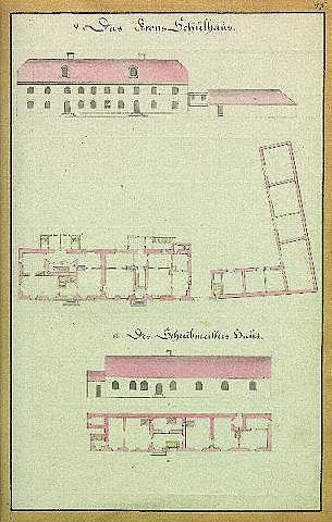 A detailed drawing of a multi-windowed building with a ladder, labeled as Schloss Schilbau prison, on paper with accompanying text.