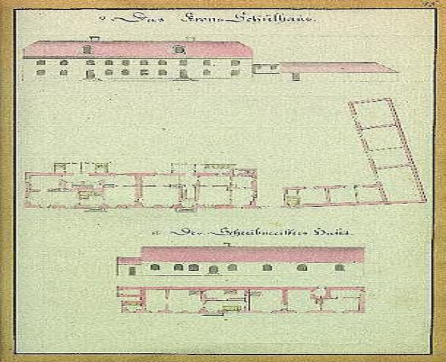 A detailed drawing of a multi-windowed building with a ladder, labeled as Schloss Schilbau prison, on paper with accompanying text.