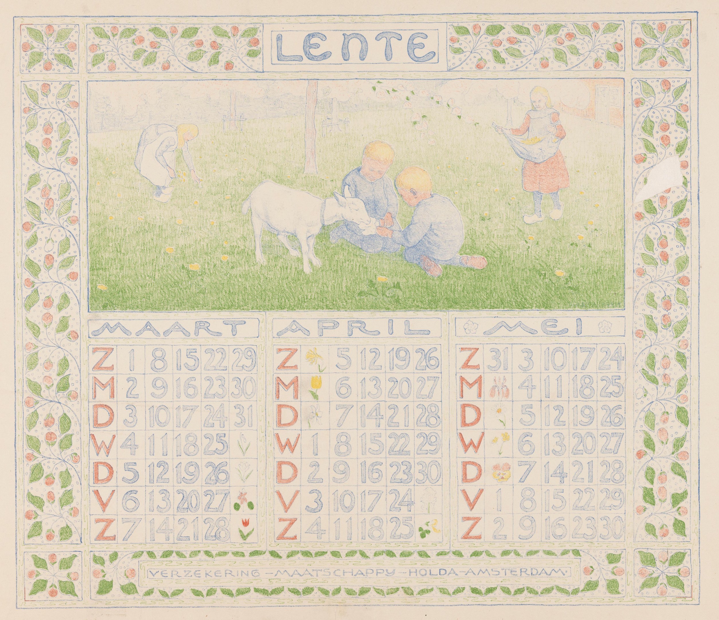 Ein Kalenderbild mit Kindern, die mit einer Ziege auf einer grünen Wiese spielen, mit sichtbarem Text und Zahlen.