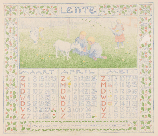 Ein Kalenderbild mit Kindern, die mit einer Ziege auf einer grünen Wiese spielen, mit sichtbarem Text und Zahlen.