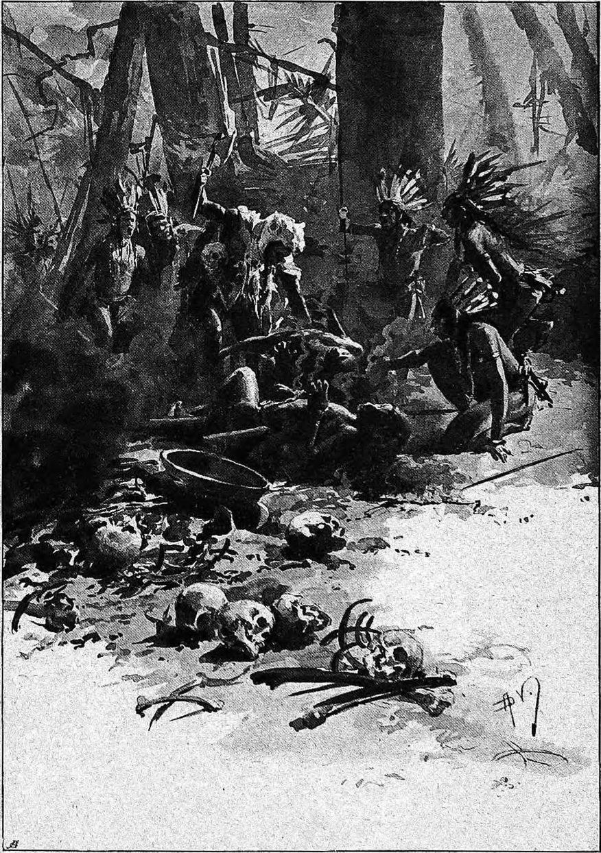 Black and white illustration of a group of people in the woods with scattered skulls and objects, titled "The Death of a Native American Indian" at the bottom.