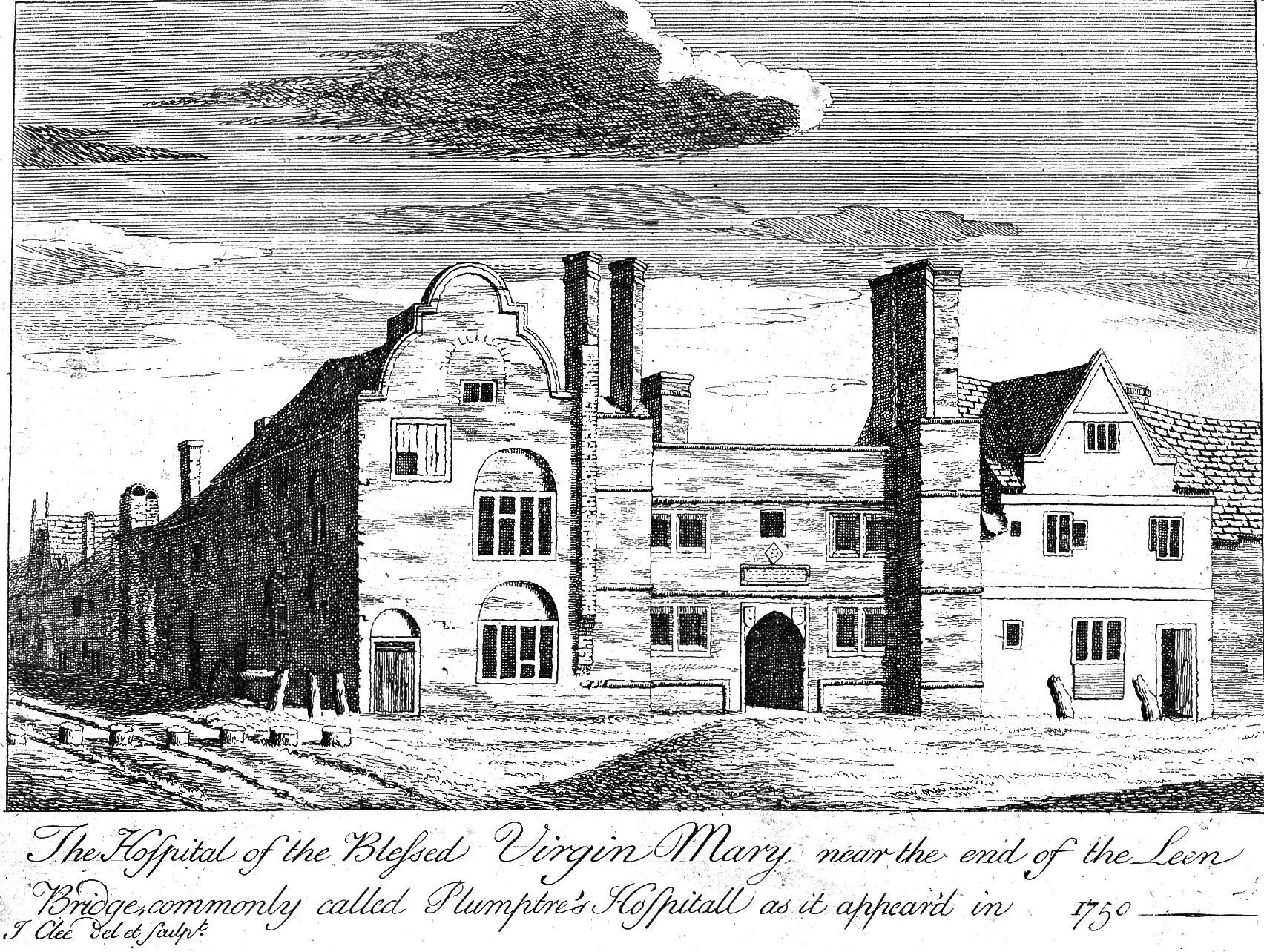 Schwarze und weiße Zeichnung eines Gebäudes mit Fenstern und Türen, umgeben von Bäumen unter einem bewölkten Himmel, mit Text unten, der lautet "Das Hospital der Heiligen Jungfrau Maria, nahe dem Ende der Leven Bridge, allgemein bekannt als Plumptons Hospital, wie es 1750 erscheint".