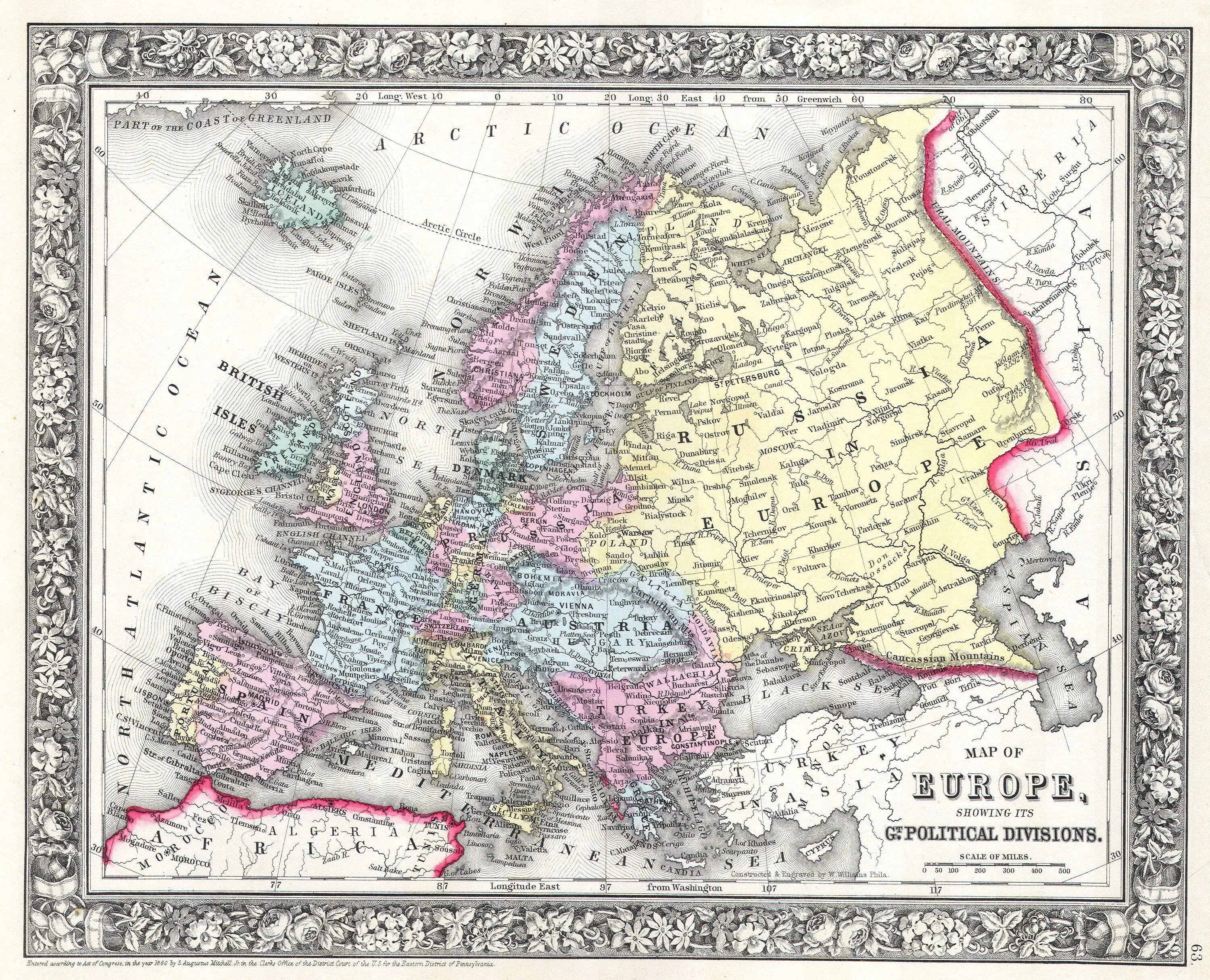 Ein altes Europa-Karte mit dem Umfang des britischen Empire im Hintergrund, gerahmt in einem Fotorahmen, mit dem Text "Karte von Europa, die ihre politischen Teilungen zeigt".
