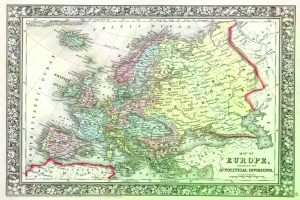 Ein altes Europa-Karte mit dem Umfang des britischen Empire im Hintergrund, gerahmt in einem Fotorahmen, mit dem Text "Karte von Europa, die ihre politischen Teilungen zeigt".