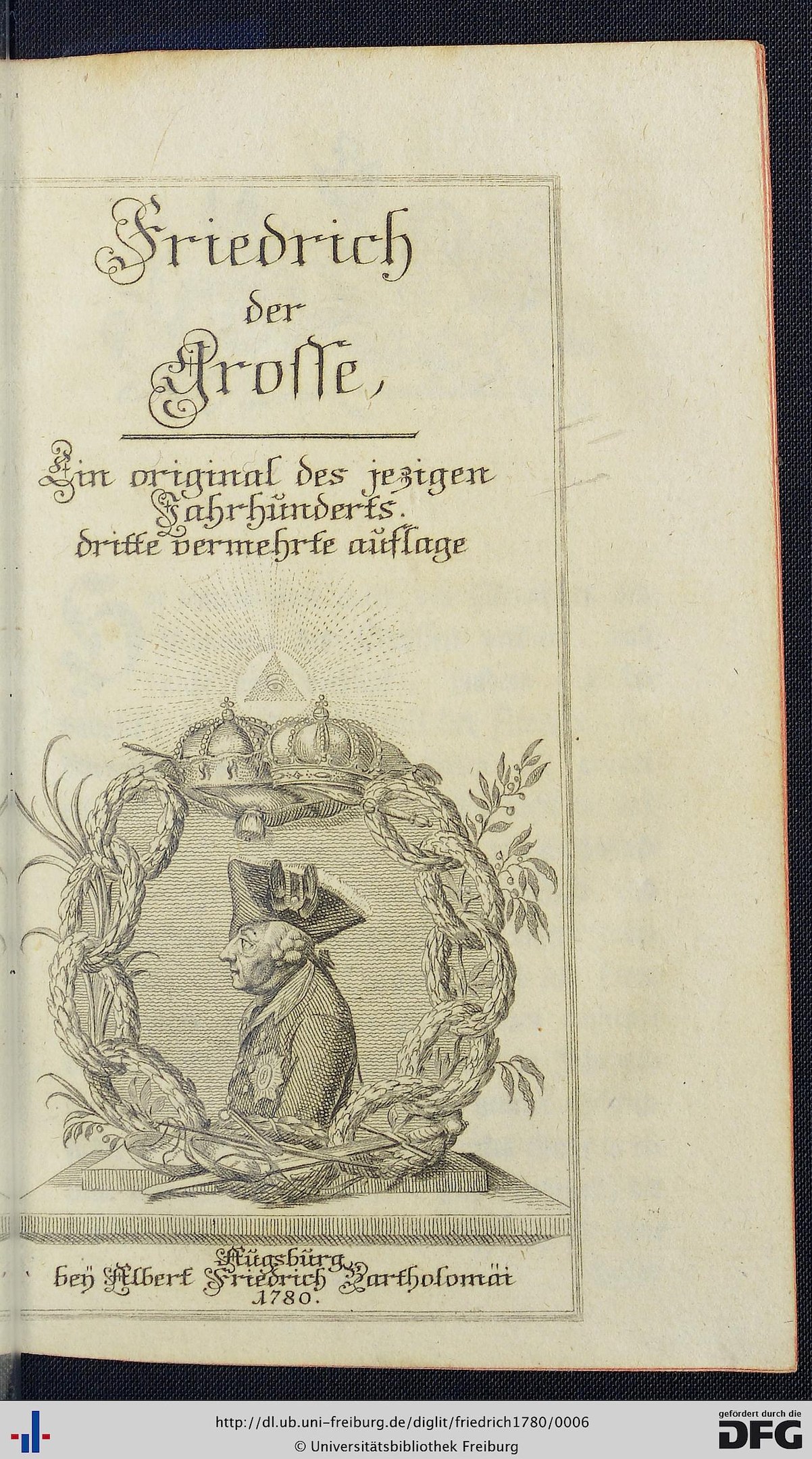 Open book titled "Friedrich der Große" dated 1780, featuring a drawing of a crowned man with a serious expression on the cover, text in cursive font within a decorative border.