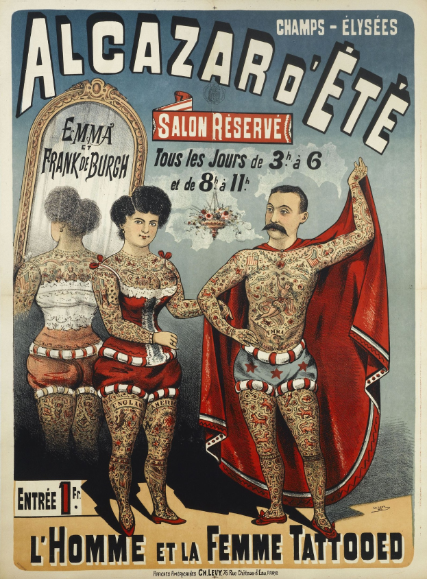 A poster in Paris advertising a tattoo parlor, featuring a man and a woman with visible tattoos standing side by side, with text promoting the salon.