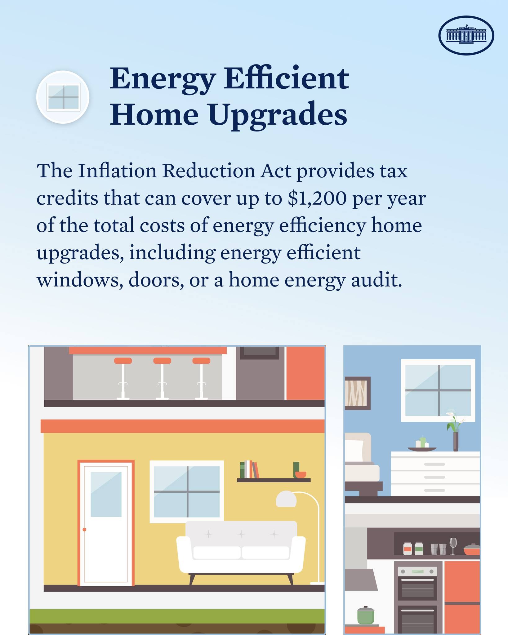 Plakat mit dem Titel "Energieeffiziente Heimverbesserungen", das Steuergutschriften bis zu $1.200 jährlich für Energieeffizienzverbesserungen auflistet, mit Bildern eines Hauses, einer Couch, einer Lampe, eines Schranks, einer Blume und anderer Gegenstände.