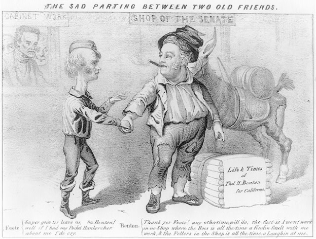 Schwarz-weißer Cartoon von zwei alten Männern, die sich an den Händen halten, mit der Bildunterschrift "Der traurige Abschied von zwei alten Freunden."