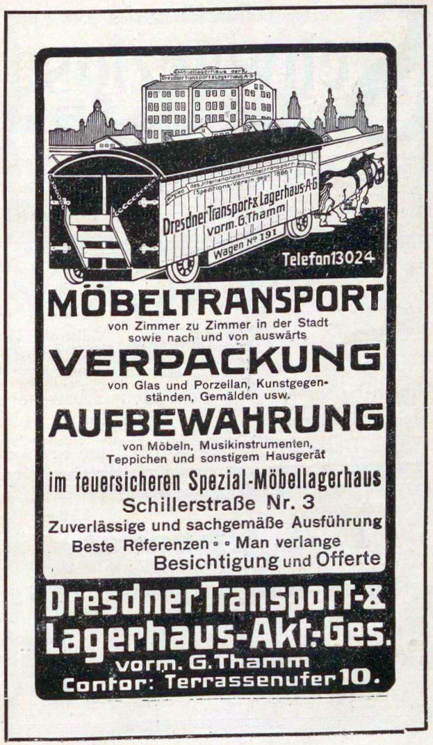 Advertisement for a train featuring a train image, text reading "Dresdner Transport & Lagerhaus-Akt-Ges", and buildings in the background.