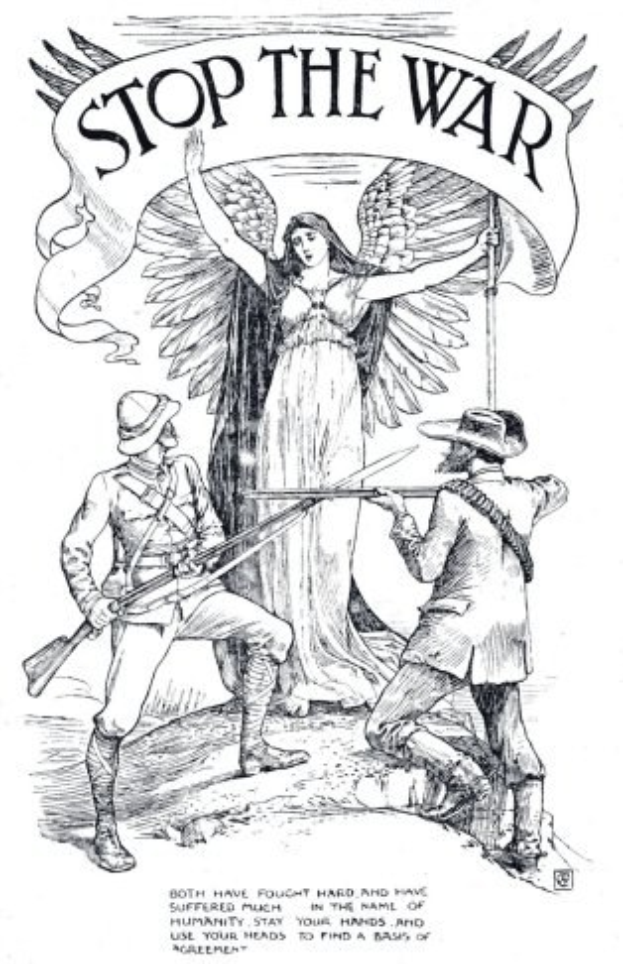 Plakat mit dem Text "Stoppt den Krieg" oben und unten, mittig eine Zeichnung einer Frau flankiert von zwei Männern.