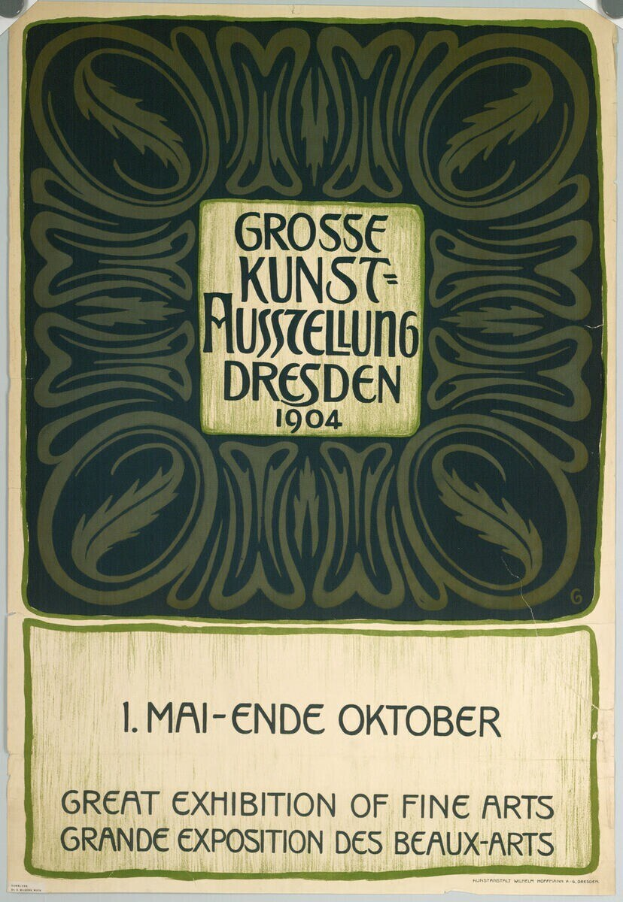 Plakat für die Große Ausstellung der Schönen Künste auf der Grand Exposition des Beaux-Arts in Dresden, Deutschland, 1904, mit auffälliger Textwerbung.