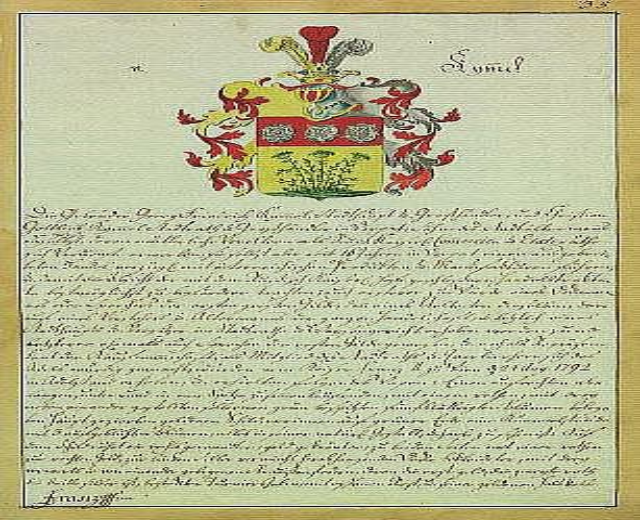 Rahmendokument aus dem Jahr 1792 mit einem deutschen Familienwappen, unterschriebener Text und einem Logo.