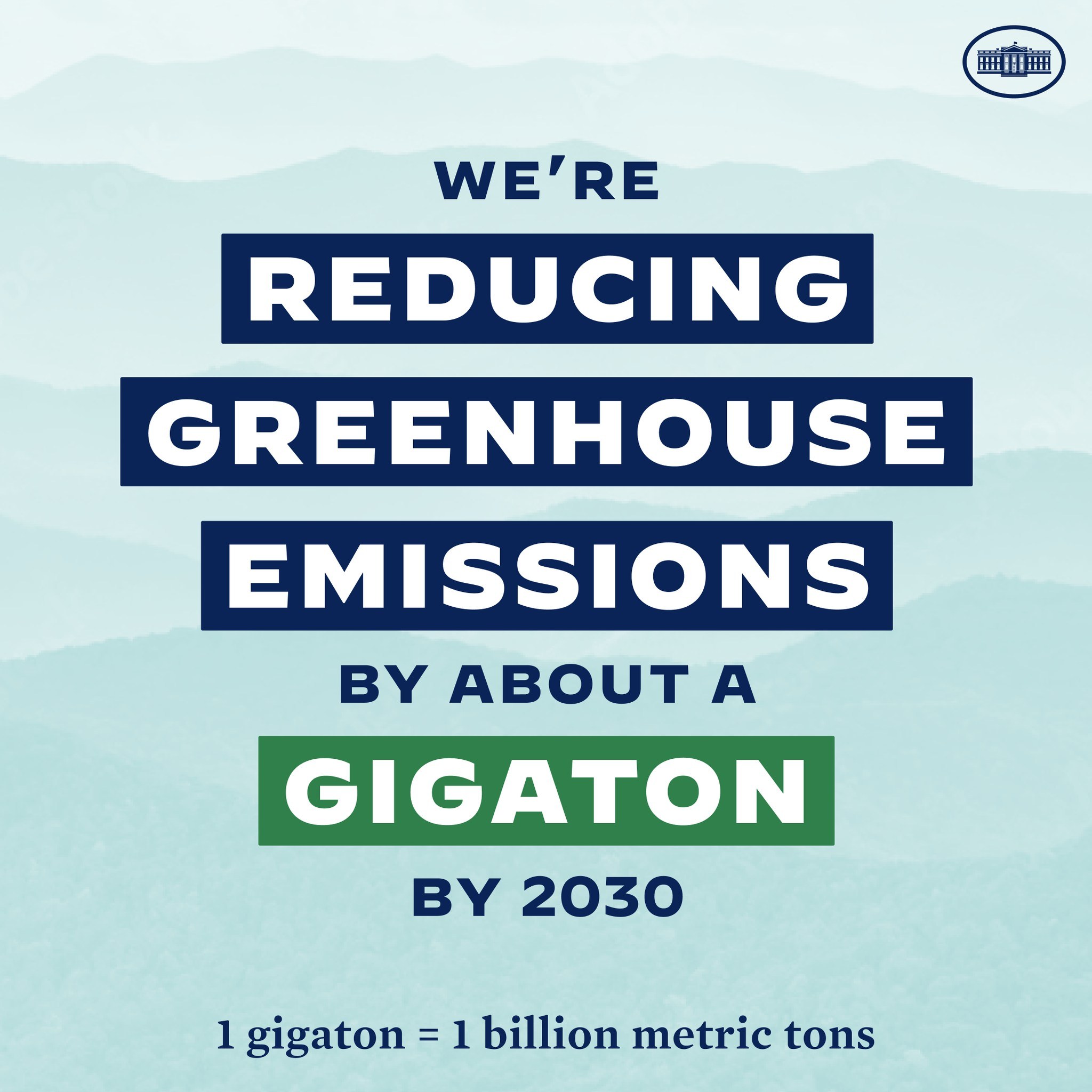 Plakat mit Text und Logo, das besagt: "Wir reduzieren die Treibhausgasemissionen um etwa eine Gigatonne bis 2030."