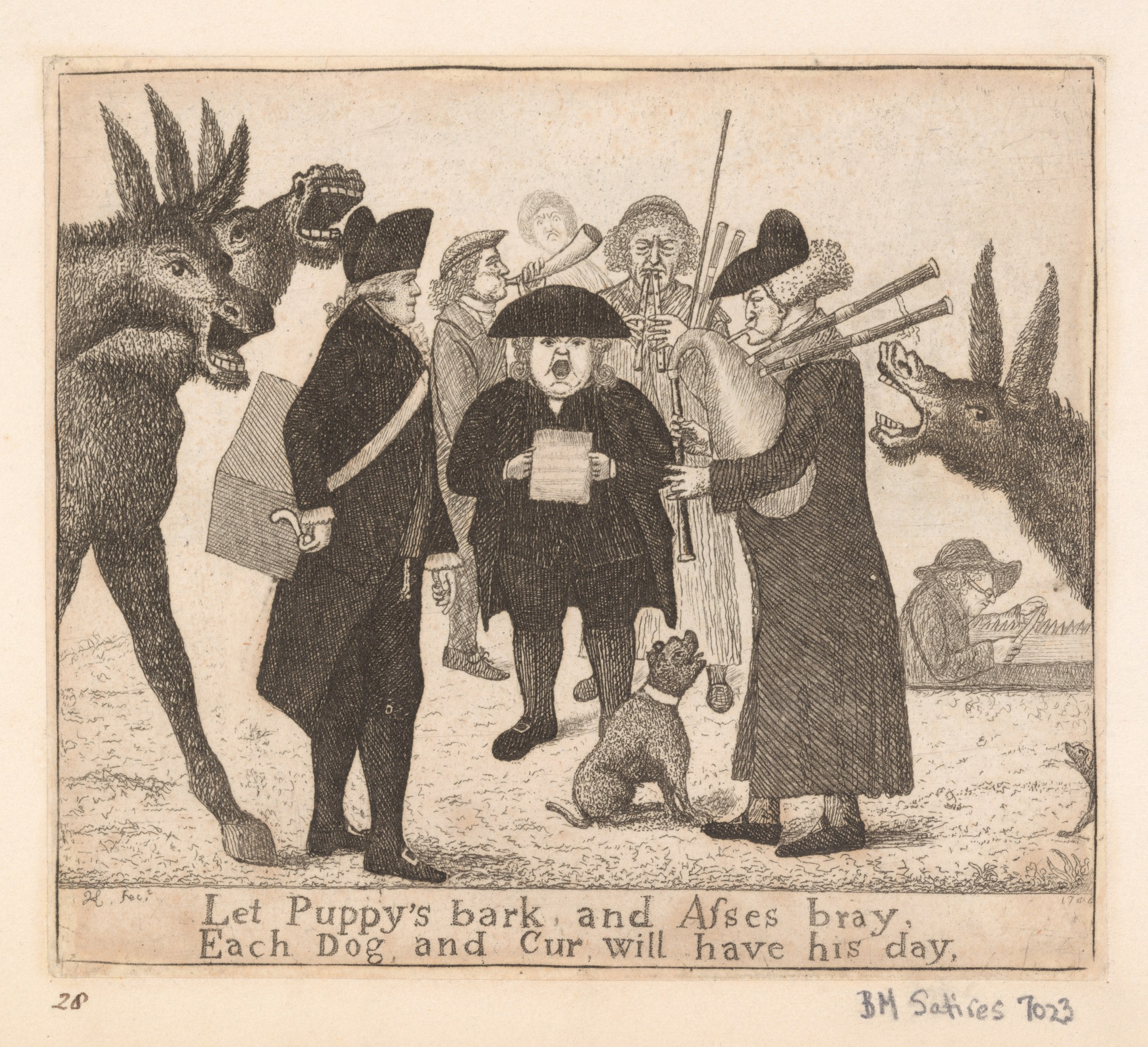 Paper with a drawing of distressed people and animals, featuring the text "Let Puppy's Bark and Ases Bray, Each Dog and Cur, Will Have His Day."